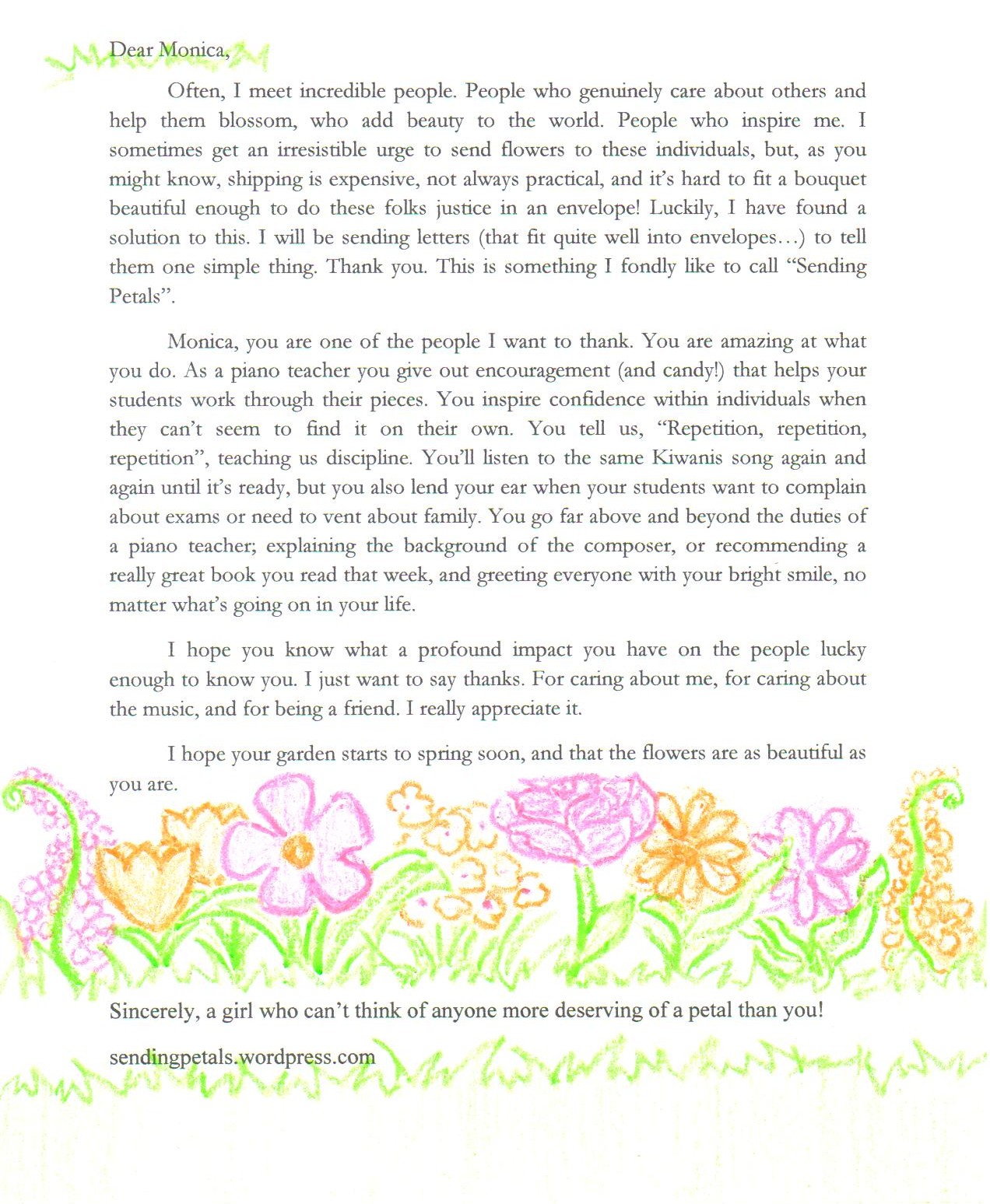 Letter #2: Monica the piano teacher